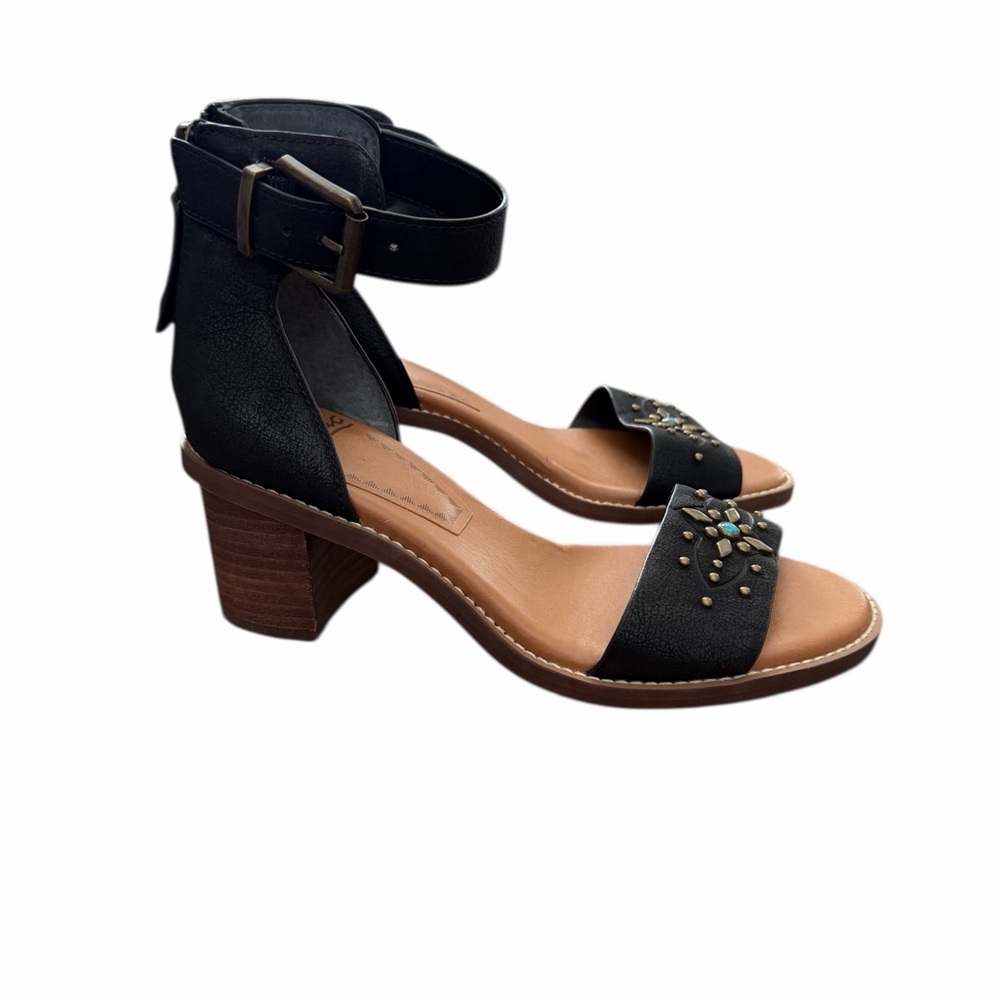 Black Leather Boho Festival Western Ankle Strap Heels - Picture 3 of 6